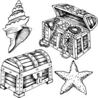 set of ink drawings on the marine theme. Seashells, treasure chests, opened and closed. Bundle of icons and logos. Vector illustration.
