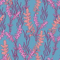 Colorful seamless pattern with underwater plants. Drawing seaweeds in pink color on blue background. Good print for wallpaper, textile, wrapping paper, ceramic tiles. Vector illustration