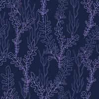 Seamless vector pattern with outline seaweeds on deep blue background. Hand-drawn sketch. Line art. Good print for wrapping paper, textile, packaging design