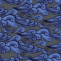 Seamless vector pattern with hand-drawn waves in Japanese minimalist style. Blue silhouettes on gray background. Good design for packaging design, wrapping paper, textile, and all overprints