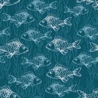 Seamless pattern with fishes on blue background. Hand-drawing ink outline art. White sketches of underwater. Good print for wallpaper, textile, wrapping paper, ceramic tiles. Vector illustration