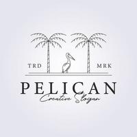 a pelican standing between the palm trees line art logo vector illustration design