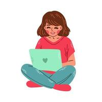 niña sentada en el suelo y estudiando en la computadora portátil. ilustración plana del concepto de aprendizaje electrónico y tutorial. vector