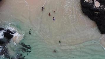 aereo video di bambini giocando nel il onde su un' bianca sabbioso spiaggia con nero rocce su adonara isola nel Indonesia