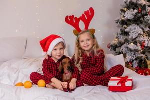 dos niños en casa en pijama para navidad están clasificando regalos y acurrucándose en la cama contra el fondo de un árbol de navidad foto