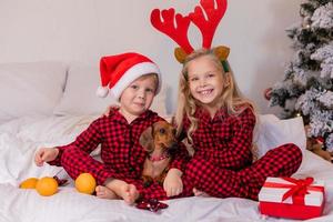 dos niños en casa en pijama para navidad están clasificando regalos y acurrucándose en la cama contra el fondo de un árbol de navidad foto