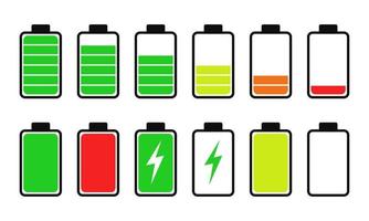 estado de carga de la batería establecido. icono de colección niveles de energía de la batería del teléfono e indicador de potencia. recargar la electricidad de la batería completa y baja. interfaz de carga del teléfono inteligente del acumulador y generación de barra de progreso vector