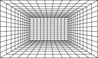 Perspective room with black grid. 3D linear floor and empty interior dimension. Virtual studio wireframe design . Simple cyber space frame and geometric square wire vector illustration