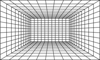 sala de perspectiva con rejilla negra. Piso lineal 3d y dimensión interior vacía. diseño de estructura alámbrica de estudio virtual. marco cibernético simple e ilustración de vector de alambre cuadrado geométrico