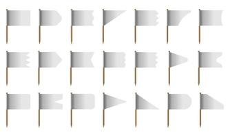 Set realistic white flag isolated on background.3D pillars of different shapes blank pole. Icon collection of flagpole elements and soft layout concept vector illustration. Rectangle, square and round