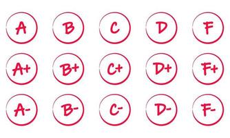 Grading system from A to F. Set of grades for school with plus and minus signs. Exam result written in red pen. Icon collection for student and education marker evaluation. Study score scribble vector