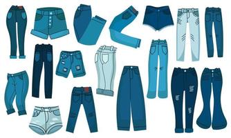 Denim pants and jeans shorts. Set fashionable clothes for men and women. Casual blue textile apparel and attire factory trousers with patches and pocket. Fashion collection vector illustration concept