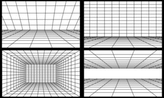 Perspective room with black grid. Set 3D linear floor and empty interior dimension. Virtual studio wireframe design collection. Simple cyber space frame and geometric square wire vector illustration