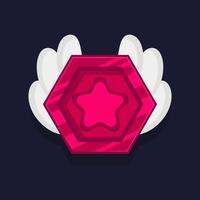 Game achievement badge or rank icon cartoon. Red award or medal reward. Level up coin with star and element for ui asset. Trophy symbol vector illustration