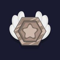 Game achievement badge or rank icon cartoon. Silver award or medal reward. Level up coin with star and element for ui asset. Trophy symbol vector illustration