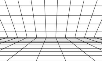 sala de perspectiva con rejilla negra. Piso lineal 3d y dimensión interior vacía. diseño de estructura alámbrica de estudio virtual. marco cibernético simple e ilustración de vector de alambre cuadrado geométrico