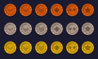 Game achievement badge or rank icon cartoon set. Gold, silver and bronze awards or medal reward. Level up coins with star and element for ui asset. Collection trophy symbol vector illustration