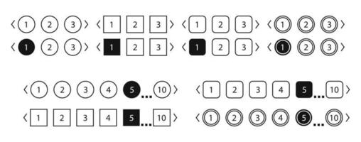 Pagination bars set. Collection buttons for site navigation. Interface elements for menu and box with arrows. Round and square slide controls. Internet panel for search webpages in black style vector