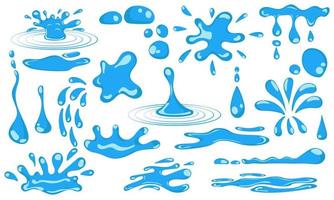 Set cartoon blue dripping water drops and liquid icon collection. Shape water is splashing, flowing, flowing and water droplet. Clean and fresh aqua and wet bubble. Flowing dew vector illustration