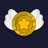 insignia de logro del juego o caricatura de icono de rango. premio de oro o recompensa de medalla. subir de nivel la moneda con la estrella y el elemento para el activo de la interfaz de usuario. Ilustración de vector de símbolo de trofeo