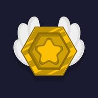 insignia de logro del juego o caricatura de icono de rango. premio de oro o recompensa de medalla. subir de nivel la moneda con la estrella y el elemento para el activo de la interfaz de usuario. Ilustración de vector de símbolo de trofeo