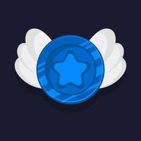 Game achievement badge or rank icon cartoon. Blue award or medal reward. Level up coin with star and element for ui asset. Trophy symbol vector illustration