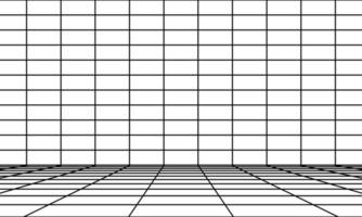 Perspective room with black grid. 3D linear floor and empty interior dimension. Virtual studio wireframe design . Simple cyber space frame and geometric square wire vector illustration