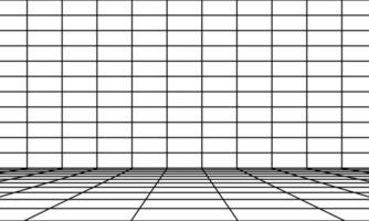 sala de perspectiva con rejilla negra. Piso lineal 3d y dimensión interior vacía. diseño de estructura alámbrica de estudio virtual. marco cibernético simple e ilustración de vector de alambre cuadrado geométrico