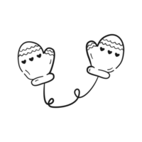 Hand drawn mittens on a rope with a pattern. Simple item of winter clothing in black linear drawing style. Png on transparent background