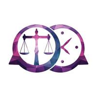 Law time and chat bubble vector logo design. Scale with clock icon vector logo design.