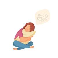 Sad girl sitting on the floor with confused thoughts and hugging a pillow. Depressive person with memory problems. Concept of mental disorder or illness. Vector cartoon illustration.