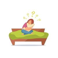 Sad girl sitting on the bed and hugging a pillow. A depressed person with a lot of questions. Concept of mental disorder or illness. Vector cartoon illustration