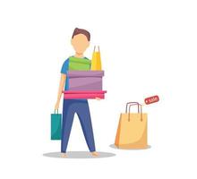 A man with a lot of purchases. Vector cartoon illustration