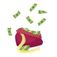 A money bag with falling paper banknotes. Financial services or the concept of a refund. Investment. Vector illustration.