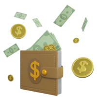 Money flying with money wallet 3d icon rendering png