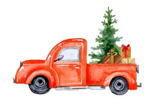 Watercolor red vintage Truck with Christmas Tree and Presents. Hand drawn illustration for New Year greeting cards and postcards. Drawing on white background vector