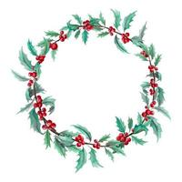 Watercolor Christmas Holly Wreath. Circle Frame with red berries and green leaves. Hand drawn botanical Border on white isolated background for greeting cards or wedding invitations vector