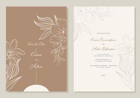 invitación de boda minimalista con flores de contorno, en beige. plantilla de diseño de tarjeta rsvp. vector. vector