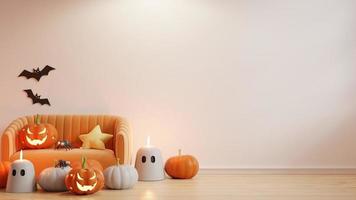 fiesta de halloween en salón con sofá naranja y decoración de accesorios fiesta. representación de ilustración 3d