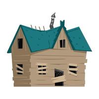 Scary abandoned house with boarded up windows and broken roof Halloween vector illustration isolated on white.