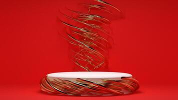 A red and gold table with a gold spiral on it photo
