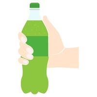 Bottle lemonade holding in hand. Refreshing drink. Vector illustration flat design. Isolated on white background. Plastic tarre. Lemonade fizzy