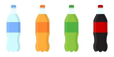 poner agua dulce botella de plástico refrescos, limón, naranja y agua. bebidas en botellas. conjunto de iconos de botellas de bebidas de plástico. icono de vector plano
