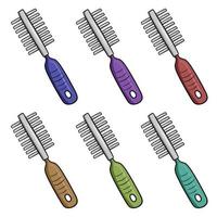 A set of colored icons, a metal comb for animals with a plastic handle, a vector illustration in cartoon style on a white background