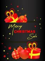 Sale banner with Christmas balls in red and gold colors and gifts. vector