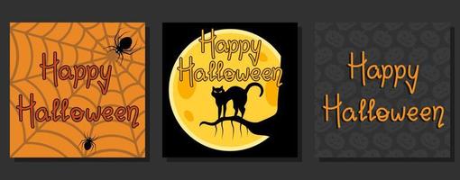 Set Of Happy Halloween Colorful Postcards Vector Illustration In Flat Style