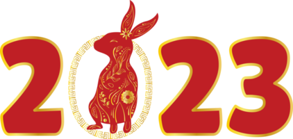 Chinese 2023 New Year Numeric. Zodiac Red Rabbit with Gold Floral and Circle Ornament png