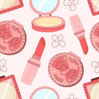 Makeup cosmetics in cartoon style. Hand drawn elements. Vector seamless pattern on pink background.