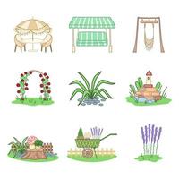 Outdoor garden furniture set, arch trellis, plants, stuff and relaxing backyard objects in cartoon style. Vector illustration isolated on white background.