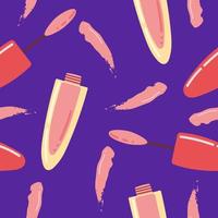 Makeup lip gloss in cartoon style. Hand drawn elements. Vector seamless pattern on dark blue background.